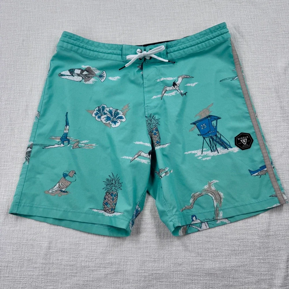 Vissla Board Shorts Mens 36 Teal Beach Print Coconut Stretch‎ Trunks M1104HEL